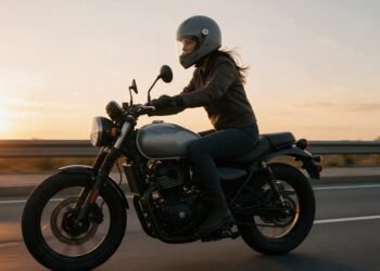 Mulher motociclista de capacete pilotando ao pôr do sol