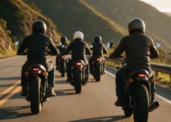 Grupo de motociclistas de capacete em fila numa estrada de serra, cenário para frases para motoqueiros