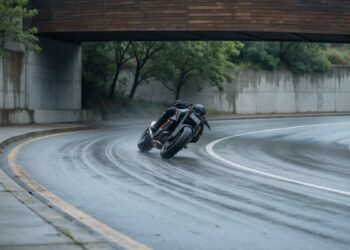 Moto fazendo curva em pista molhada com condução cuidadosa