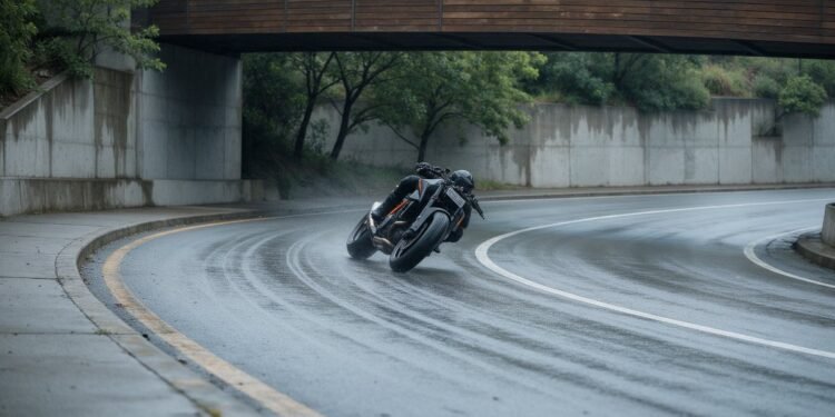 Moto fazendo curva em pista molhada com condução cuidadosa