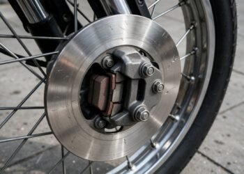 Disco de freio e pinça dianteira de uma moto em detalhe