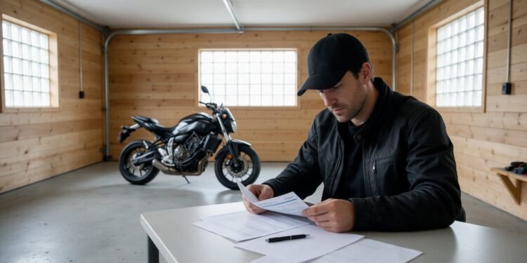 Motociclista consultando o glossário do seguro de moto com papéis na mesa