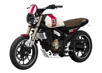 Honda CB250SS 2027, scrambler neo-retrô com garfo invertido dourado, em vista frontal lateral