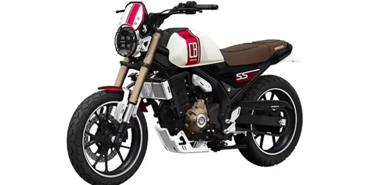 Honda CB250SS 2027, scrambler neo-retrô com garfo invertido dourado, em vista frontal lateral