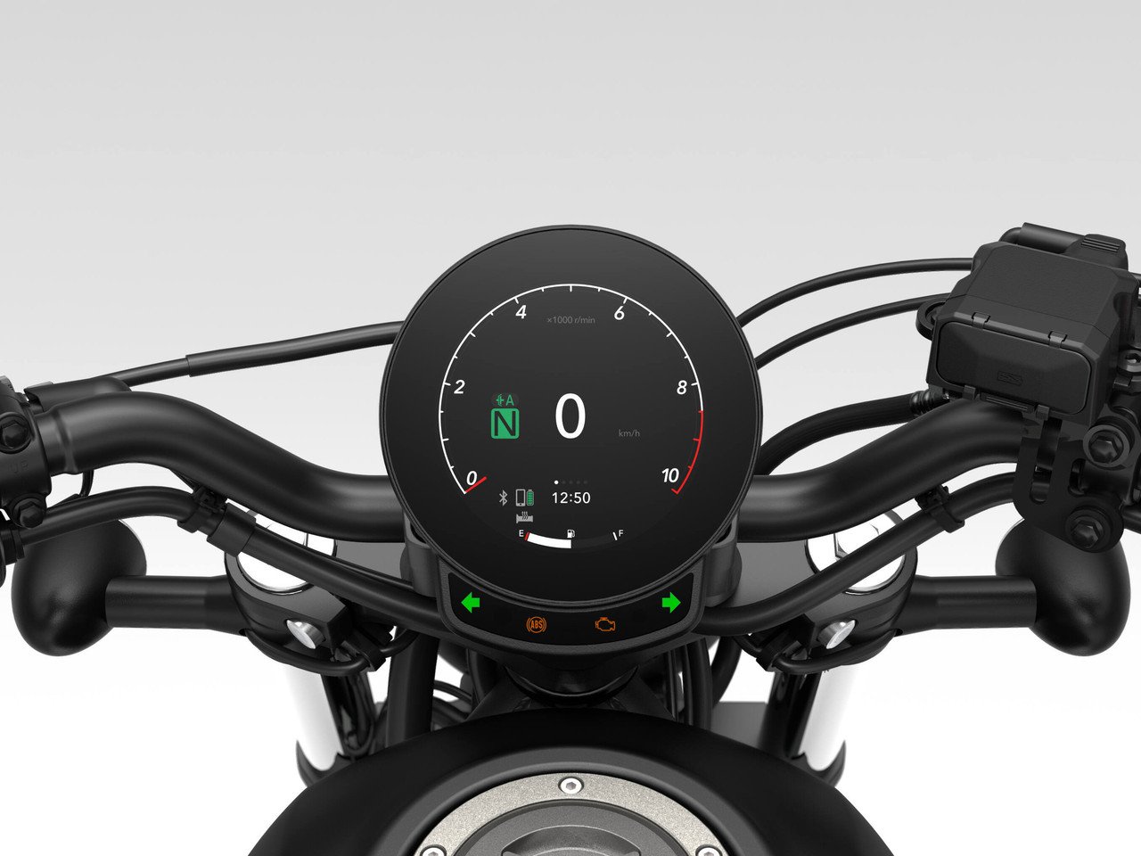 Painel TFT circular da Honda Rebel 500 2027 com velocímetro, conta-giros e indicador de marcha