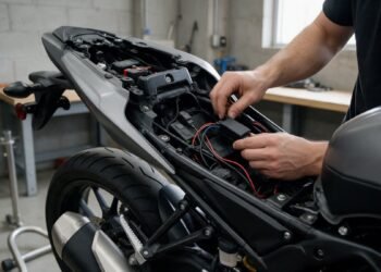 Técnico instalando um rastreador no sistema elétrico de uma moto em oficina