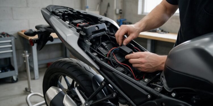 Técnico instalando um rastreador no sistema elétrico de uma moto em oficina