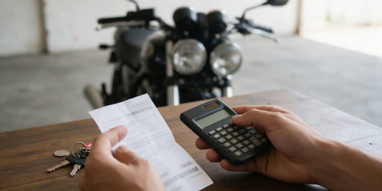Mãos com calculadora, boleto e chaves de moto para calcular o IPVA de moto