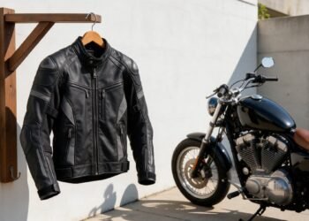 Jaqueta de motociclista com proteções pendurada ao lado de uma moto