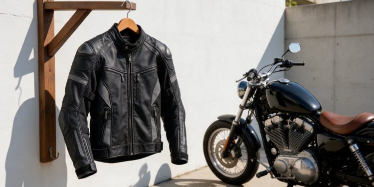 Jaqueta de motociclista com proteções pendurada ao lado de uma moto