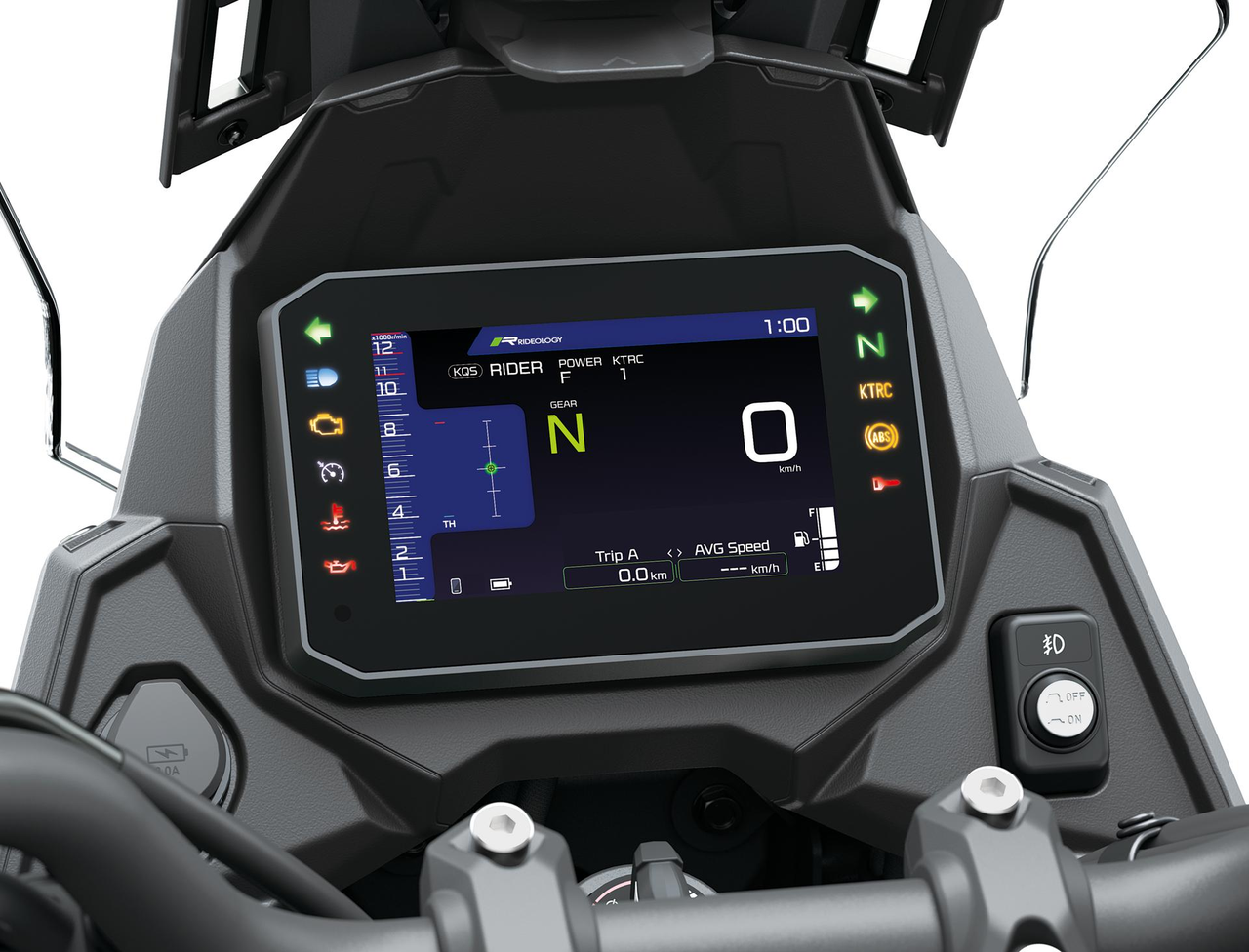 Painel TFT colorido de 5 polegadas da Kawasaki Versys 900 2027 com indicação de marcha, modos e controle de tração