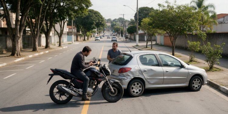 Moto e carro em rua após pequeno acidente, limite da RCF no seguro de moto