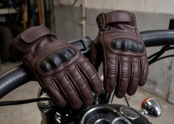 Luvas de couro com proteção nos dedos sobre o guidão de uma moto
