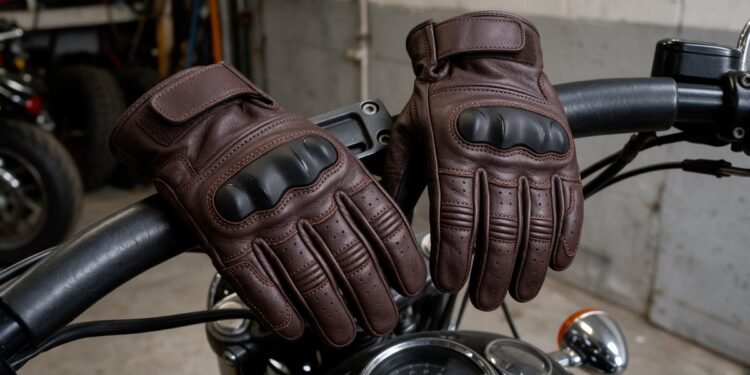 Luvas de couro com proteção nos dedos sobre o guidão de uma moto