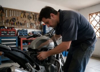 Mecânico revisando uma moto em oficina, manutenção de moto checklist