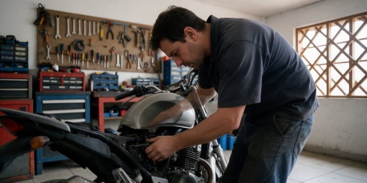Mecânico revisando uma moto em oficina, manutenção de moto checklist