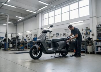Técnico verificando uma scooter elétrica em oficina, manutenção de moto elétrica