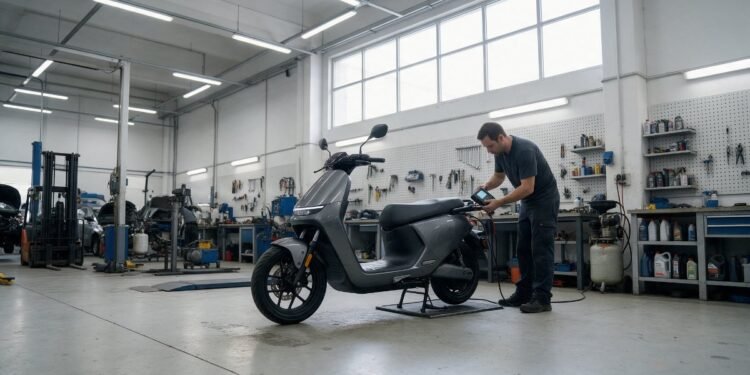 Técnico verificando uma scooter elétrica em oficina, manutenção de moto elétrica