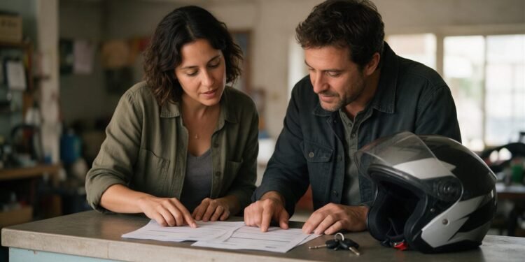 Duas pessoas comparando propostas de financiamento no balcão, em busca do melhor banco para financiamento de moto