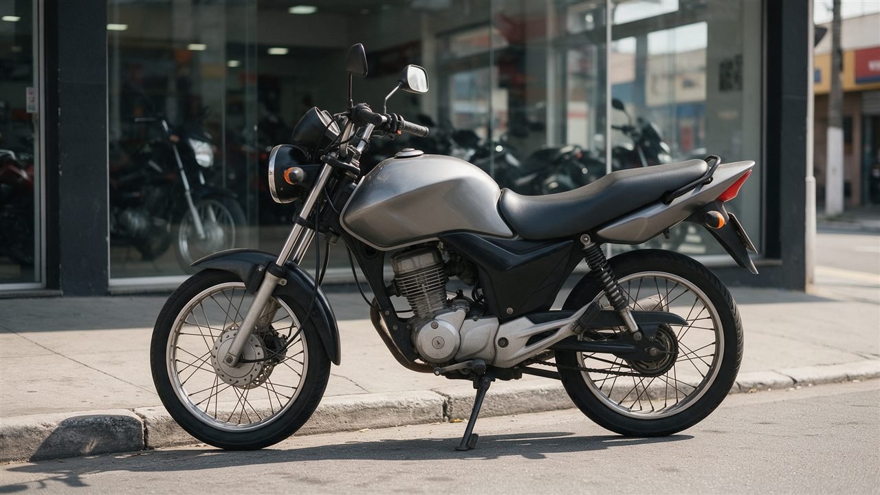 Moto estacionada em frente a uma loja de motos com vitrine