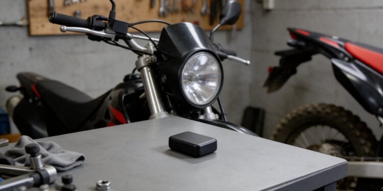 Rastreador GPS preto sobre bancada ao lado de uma moto, melhor rastreador para moto