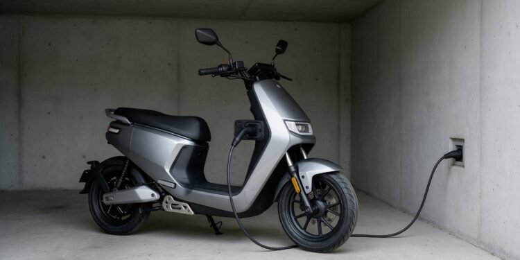 Scooter elétrica carregando, moto elétrica ou a combustão