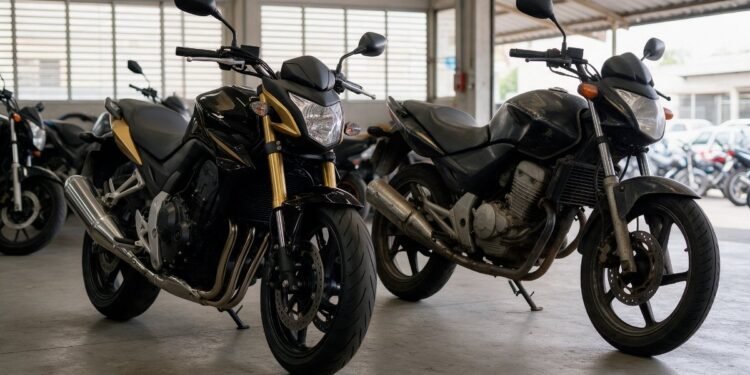 Moto nova e moto usada lado a lado em uma loja