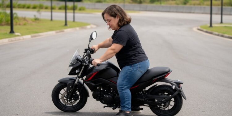 Mulher de baixa estatura apoiando os pés no chão sentada em uma moto
