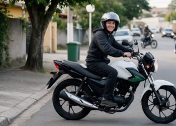 Iniciante sorrindo de capacete sentado em uma moto popular