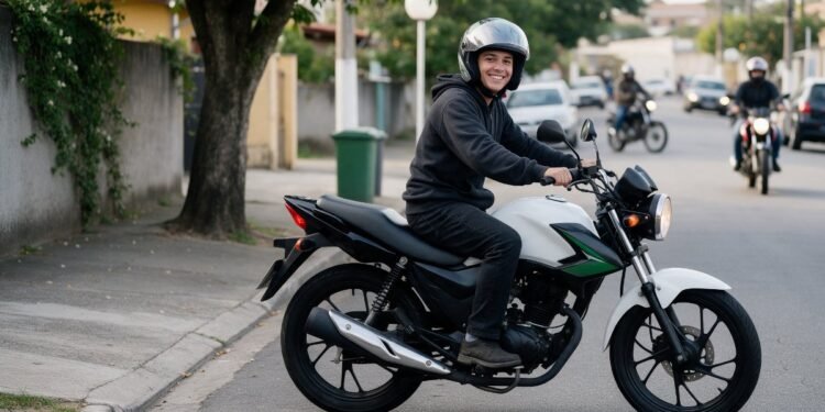 Iniciante sorrindo de capacete sentado em uma moto popular