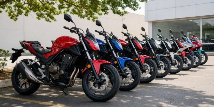 Fileira de motos de diferentes categorias, motos mais vendidas do Brasil