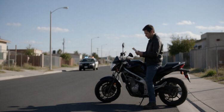 Motociclista parado olhando uma notificação de multa ao lado da moto