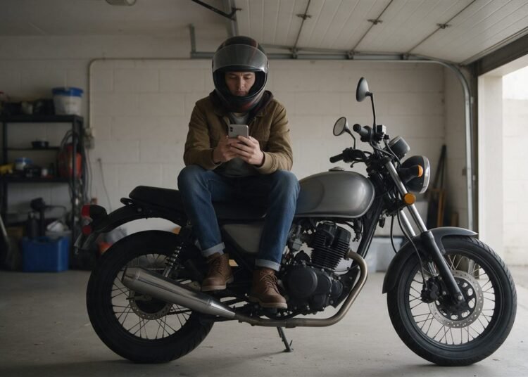 Motociclista de capacete olhando o celular depois de pensar: não consigo financiar uma moto