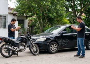 Pequeno acidente entre moto e carro com conversa calma, o que é RCF no seguro de moto