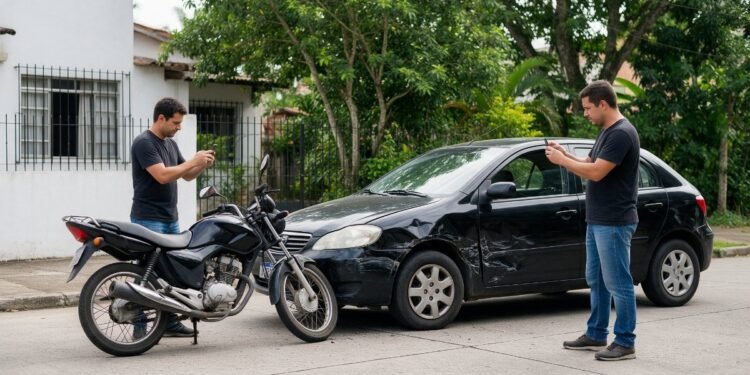 Pequeno acidente entre moto e carro com conversa calma, o que é RCF no seguro de moto