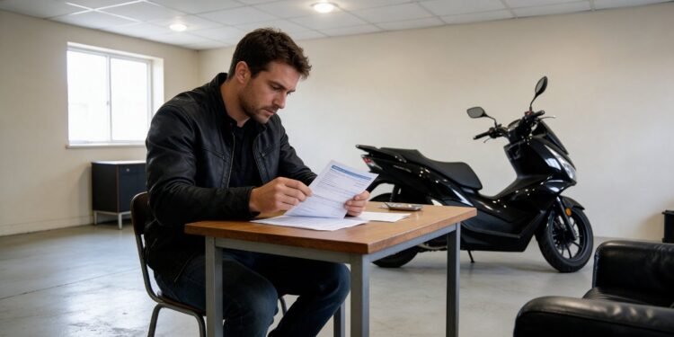 Motociclista lendo a apólice para entender o que é seguro de moto