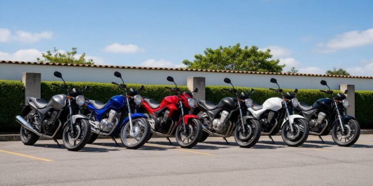 Motos novas alinhadas ao ar livre, o que significa moto emplacada