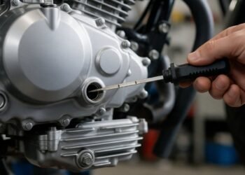 Mão verificando o nível de óleo do motor da moto com a vareta