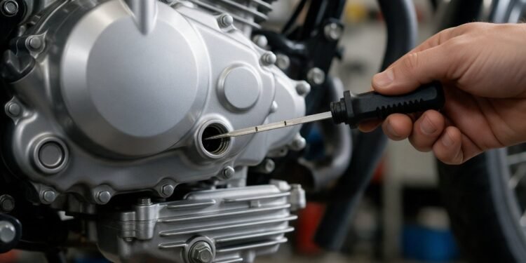 Mão verificando o nível de óleo do motor da moto com a vareta