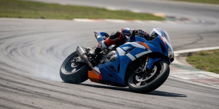 Piloto em moto de corrida azul e branca em curva, onde assistir MotoGP
