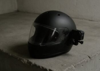 Capacete preto com câmera lateral, onde instalar a câmera no capacete