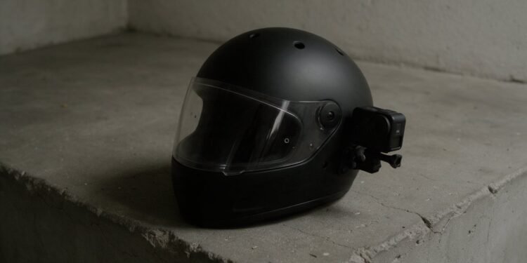 Capacete preto com câmera lateral, onde instalar a câmera no capacete
