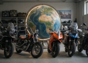 Motos de estilos diferentes alinhadas diante de um globo terrestre, para ilustrar a origem das marcas de moto
