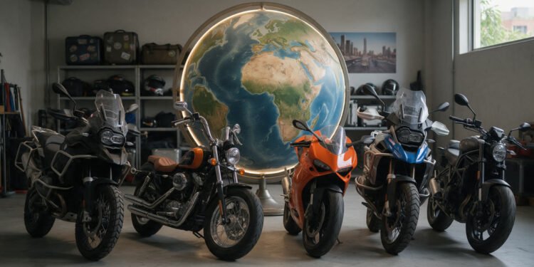 Motos de estilos diferentes alinhadas diante de um globo terrestre, para ilustrar a origem das marcas de moto