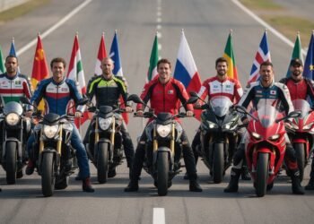 Motociclistas de vários países ao lado de suas motos e bandeiras na pista
