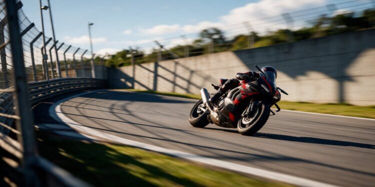 Piloto de moto de corrida em curva de autódromo, pontuação da MotoGP