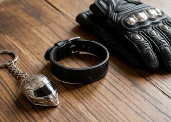 Chaveiro de capacete, pulseira de couro e luvas sobre uma mesa de madeira