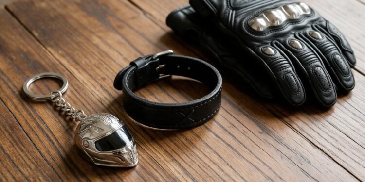 Chaveiro de capacete, pulseira de couro e luvas sobre uma mesa de madeira