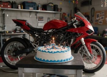 Bolo de aniversário com vela ao lado de uma moto na garagem