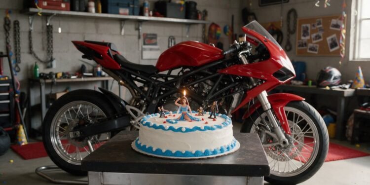 Bolo de aniversário com vela ao lado de uma moto na garagem